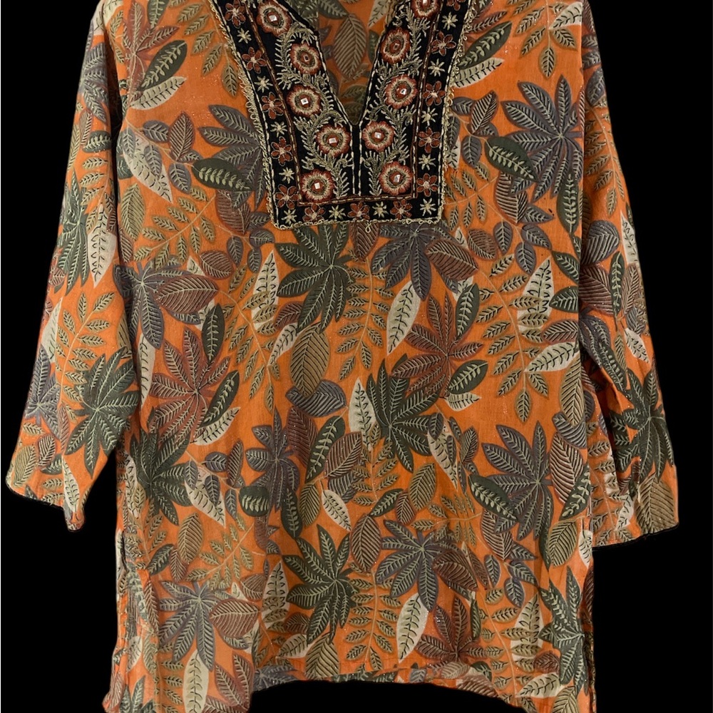 Anthropologie embellished botanical print 3/4 sleeve tunic top blouse fall S
